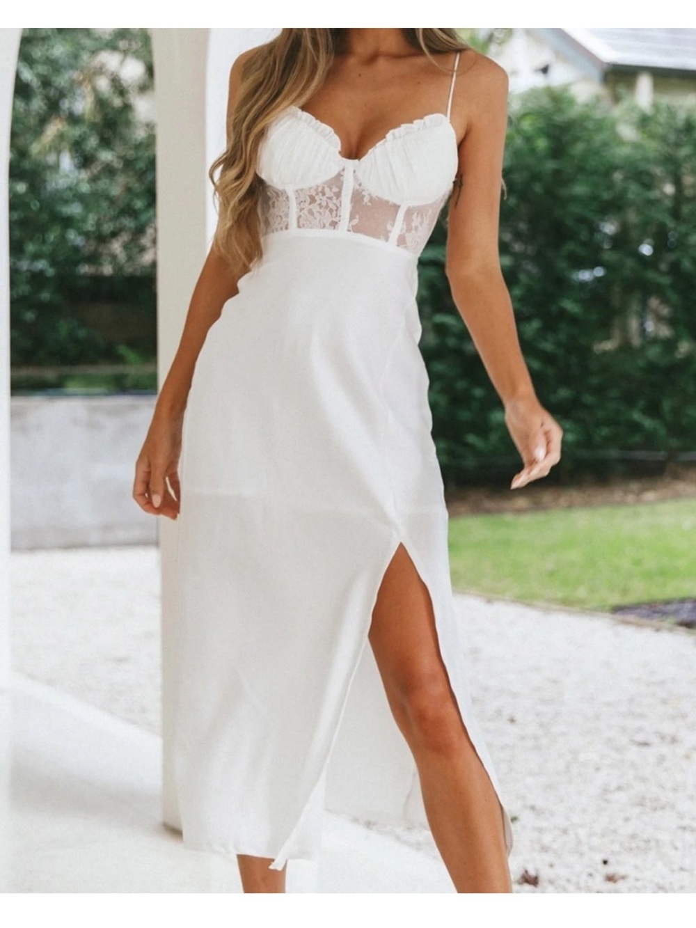 Selfie Leslie White Maxi Dress Lace Bodice